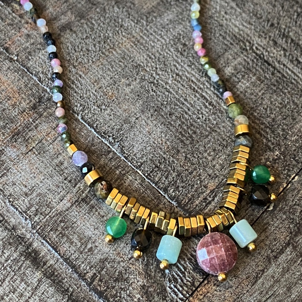 NEW Multicolored Stone Beaded Charm Necklace